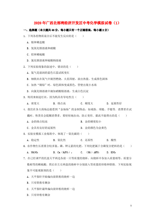 广西北部湾经济开发区2020年中考化学模拟试卷(1)(含解析)