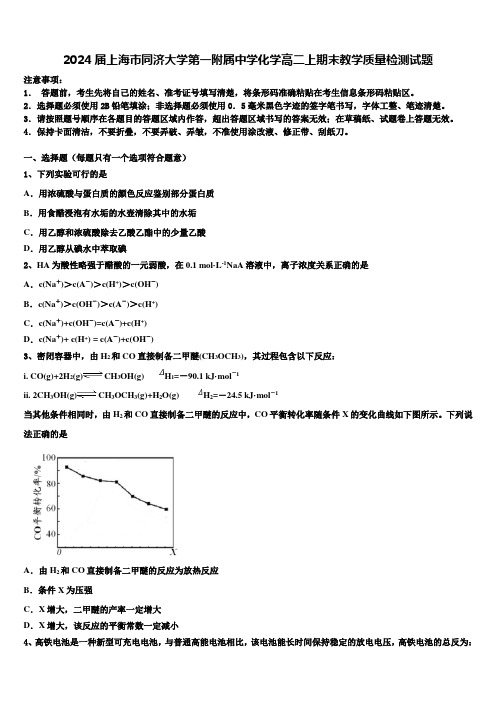 2024届上海市同济大学第一附属中学化学高二上期末教学质量检测试题含解析