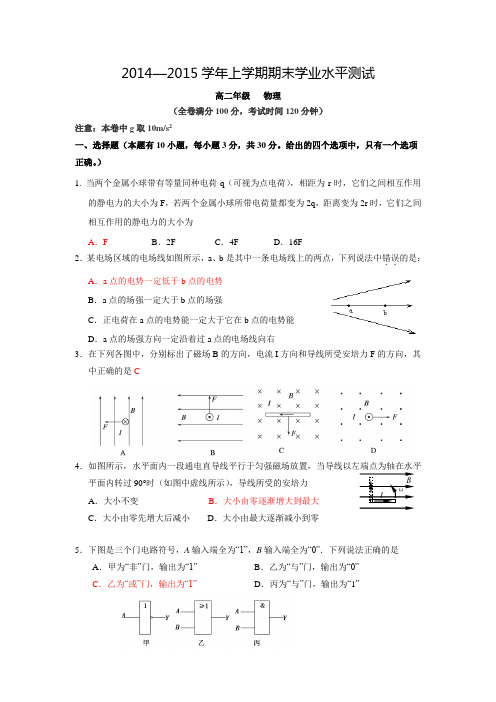 云南省楚雄市2015年上学期高二年级物理学业水平测试题(有答案)