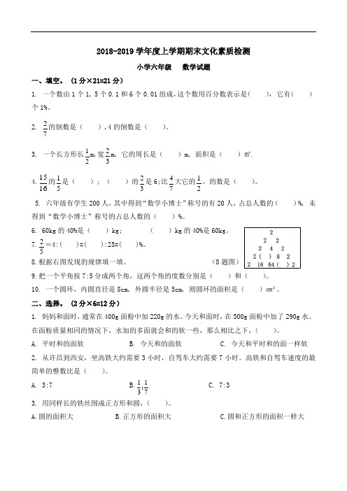 2018-2019学年度六年级上学期期末文化素质检测