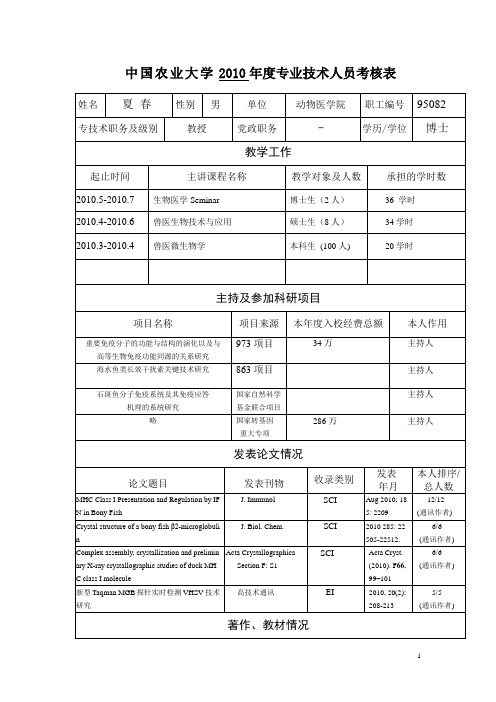 中国农业大学2010年度专业技术人员考核表