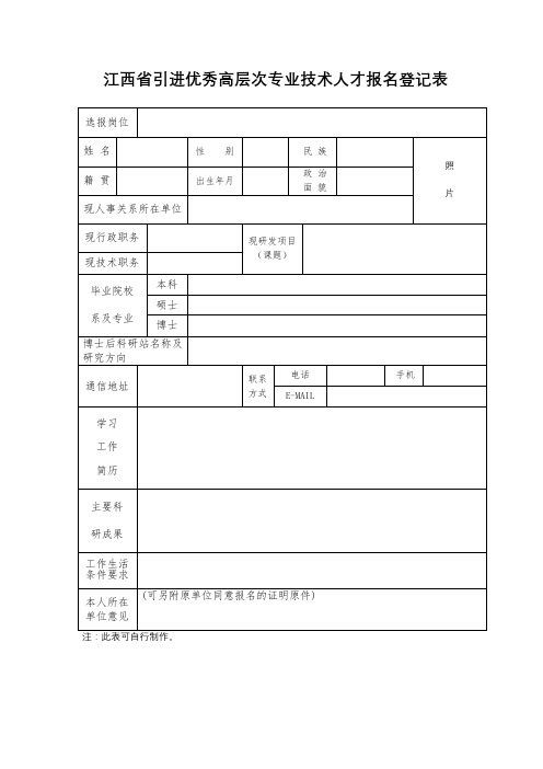 江西省引进优秀高层次专业技术人才报名登记表【模板】