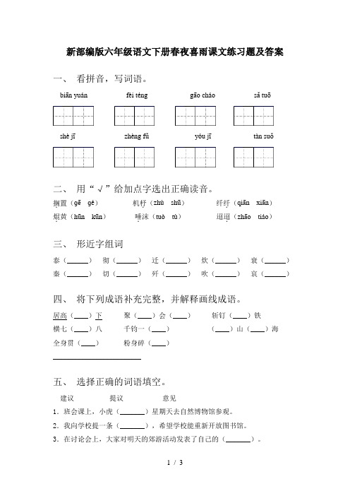 新部编版六年级语文下册春夜喜雨课文练习题及答案