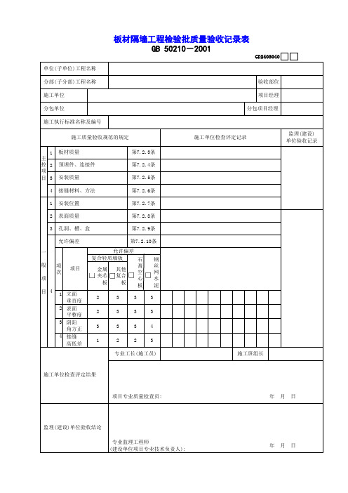 【工程表格模板】板材隔墙工程检验批质量验收记录表