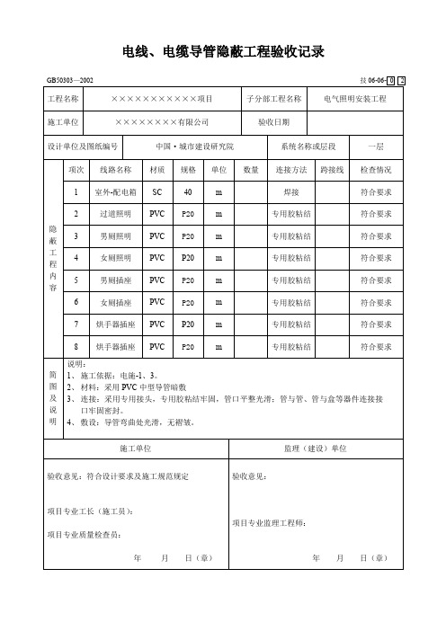 电线电缆导管.隐蔽工程验收记录