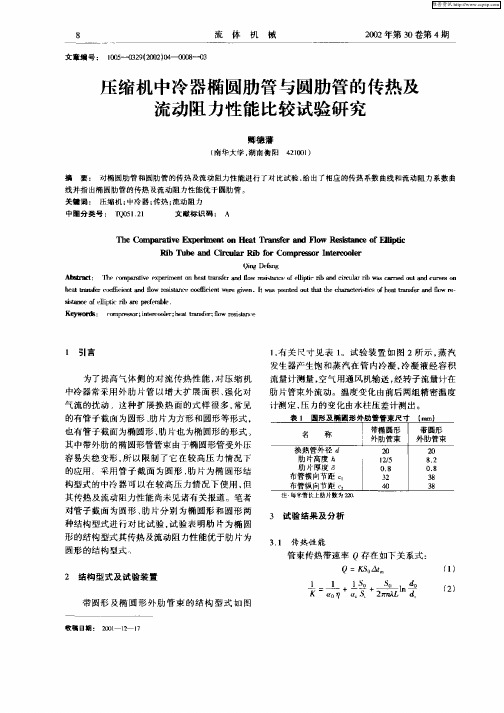 压缩机中冷器椭圆肋管与圆肋管的传热及流动阻力性能比较试验研究