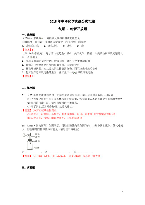 2018年中考化学真题分类汇编专题二创新开放题(含解析)