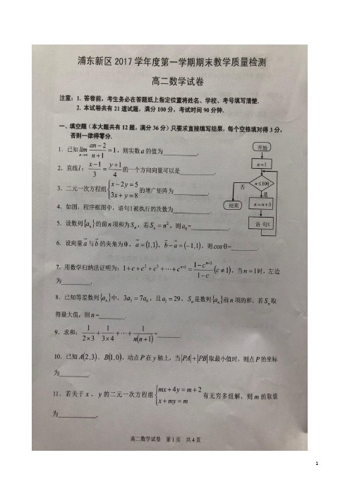 2017-2018学年上海市浦东新区高二上学期期末考试数学试题 扫描版