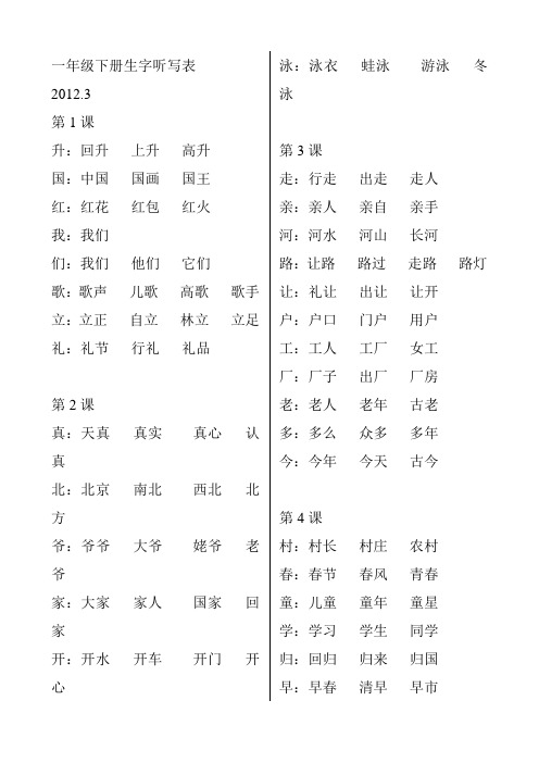 一年级下册生字听写表