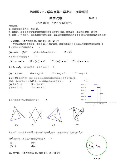 Y_上海市杨浦区2018届最新中考二模数学试卷及答案