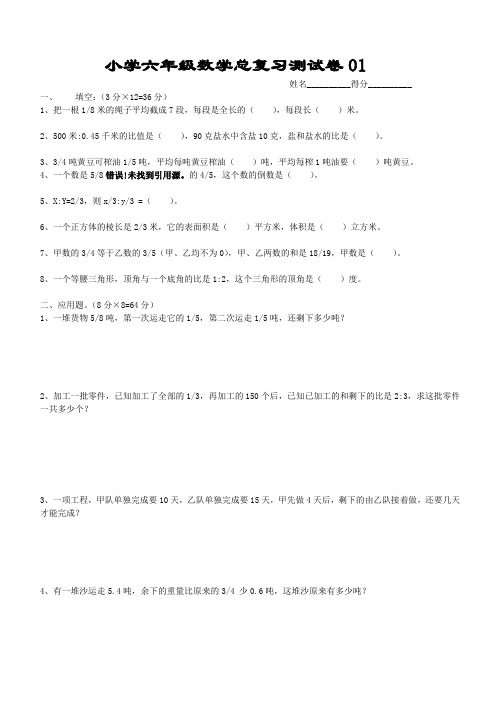 人教版小学数学六年级毕业总复习试卷 共10套