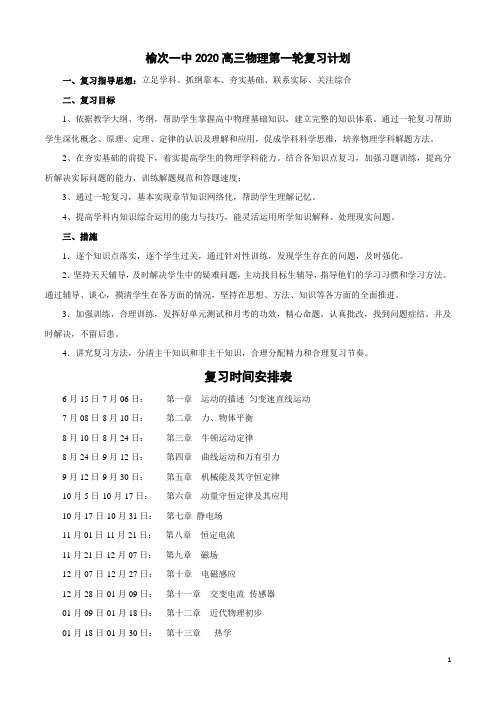 榆次一中2020高考高三物理第一轮复习计划(精品)