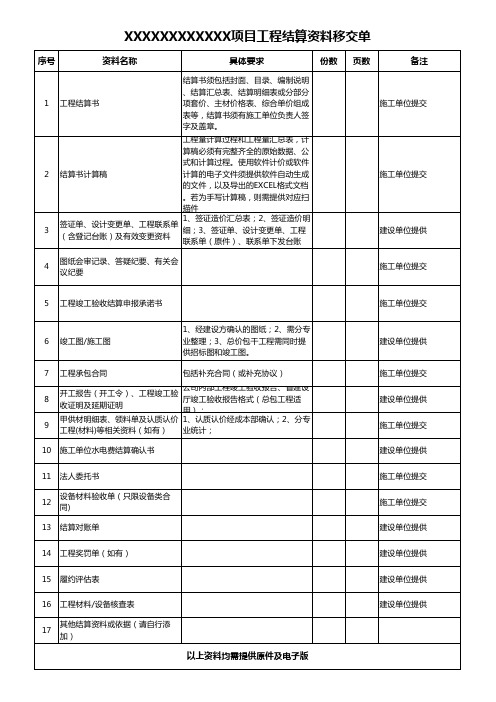 建筑工程项目结算资料移交单