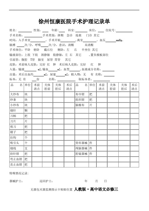 最新手术护理记录单模板备课讲稿