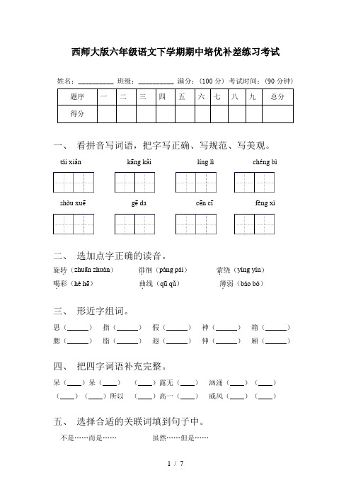 西师大版六年级语文下学期期中培优补差练习考试