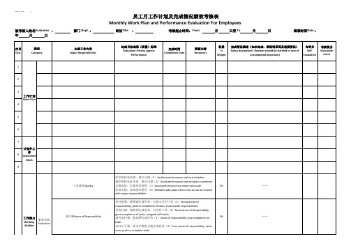 员工月工作计划及完成情况绩效考核表(中英文)