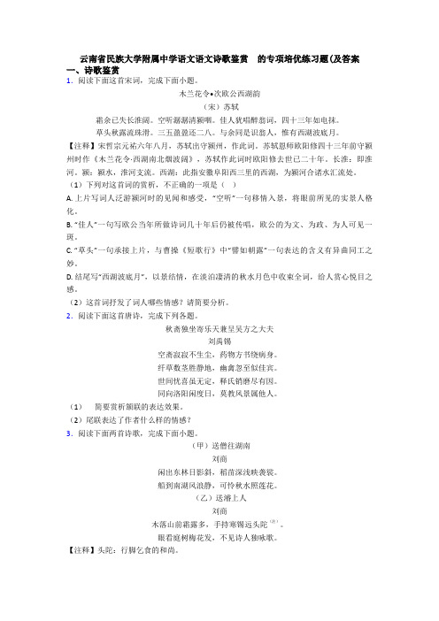 云南省民族大学附属中学语文语文诗歌鉴赏  的专项培优练习题(及答案