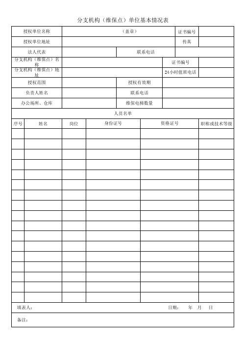 分支机构单位基本情况表(电梯维保点)