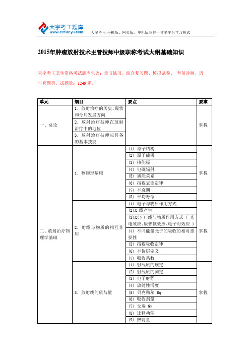 2015年肿瘤放射技术主管技师中级职称考试大纲基础知识