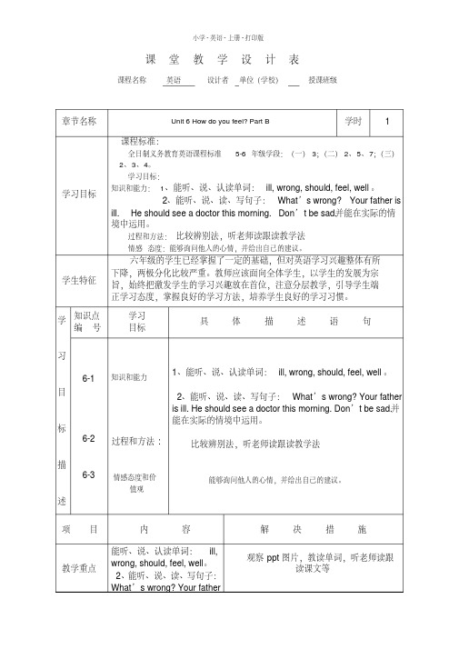 人教PEP版-英语-六年级上册-人教PEP版英语六年级上册Unit6Howdoyoufeel教案