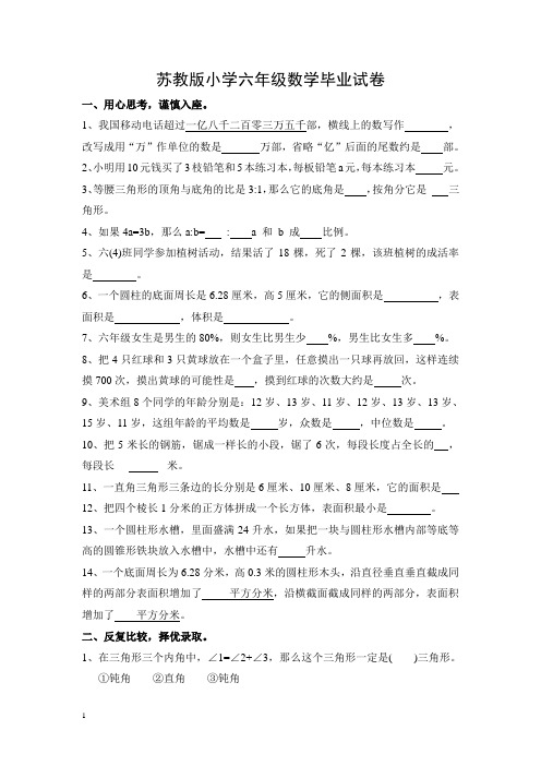 苏教版小学数学毕业班模拟试卷及答案