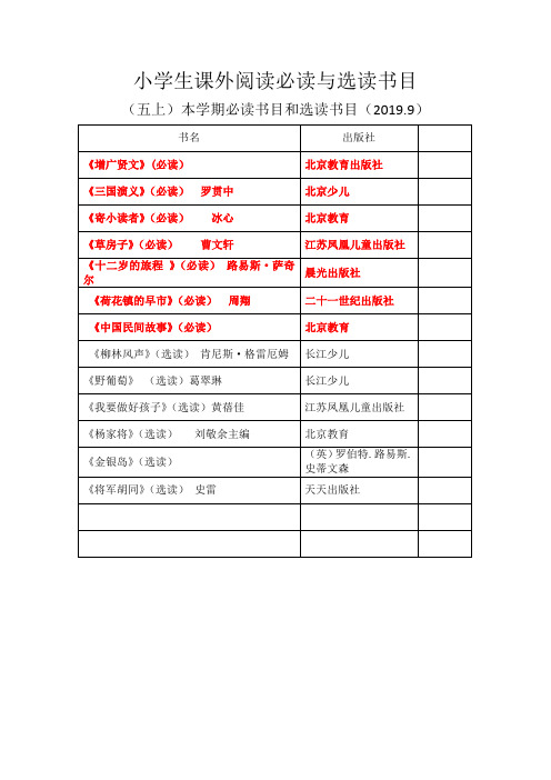 2019.9课外阅读五年级必读与选读书目