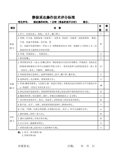 静脉采血操作技术评分标准