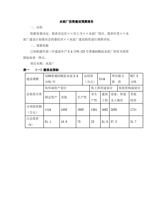 水泥厂投资建设预算报告