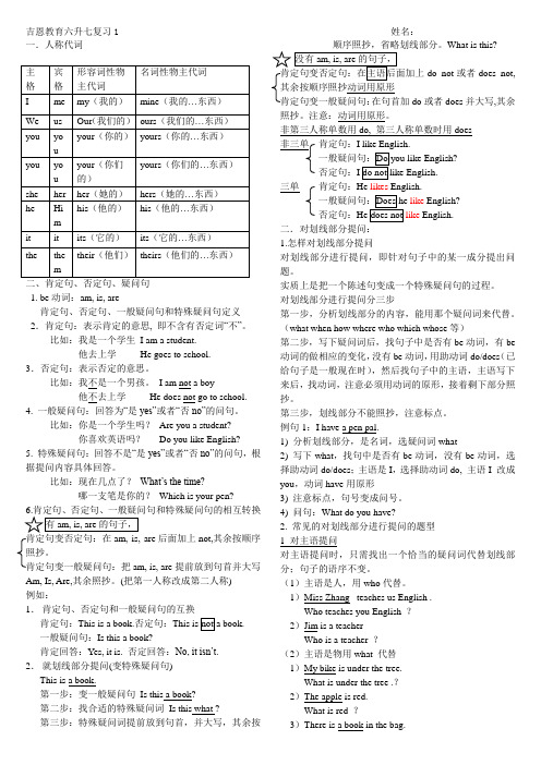 七年级人称代词、肯否疑、划线部分提问讲解及练习