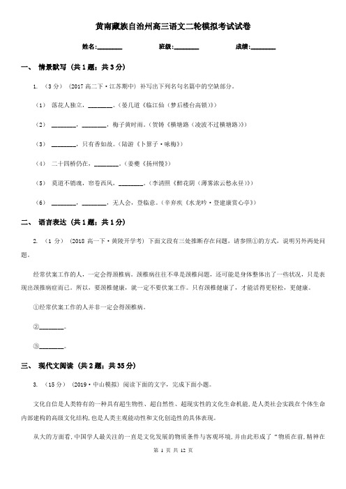 黄南藏族自治州高三语文二轮模拟考试试卷