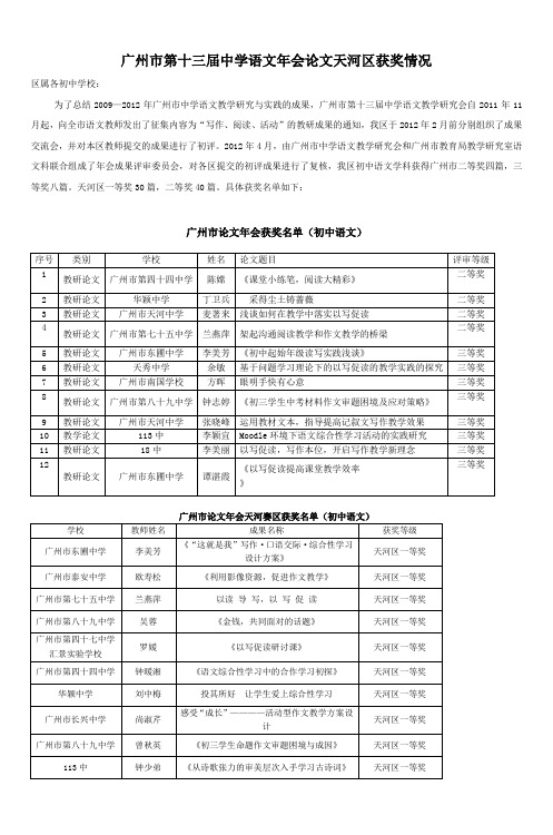 广州市第十三届中学语文年会论文天河区获奖情况