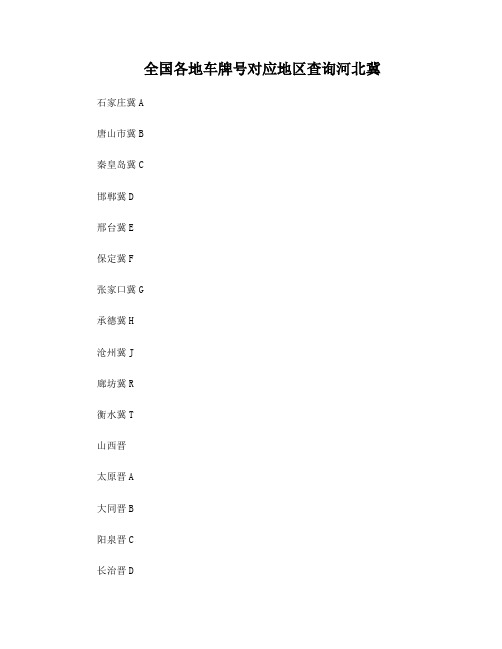 全国各地车牌号对应地区查询