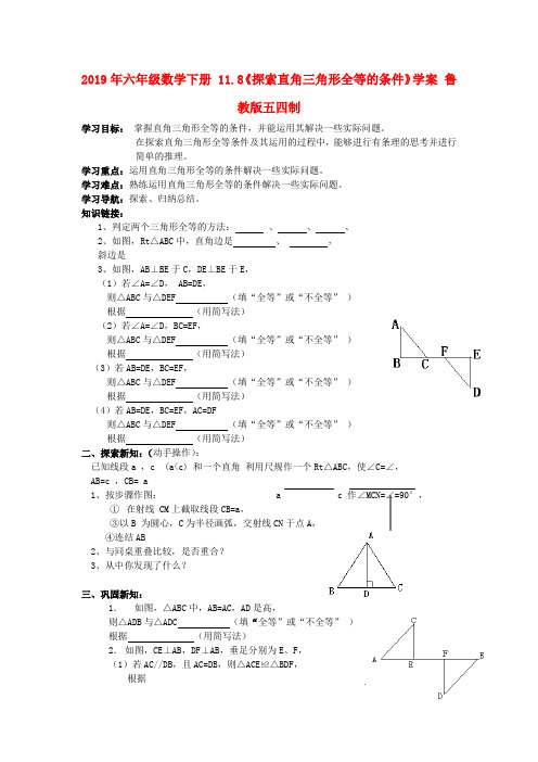 (小学教育)2019年六年级数学下册 11.8《探索直角三角形全等的条件》学案 鲁教版五四制