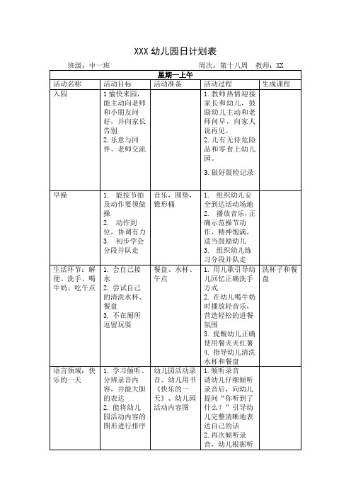 幼儿园中班第十八周日计划表