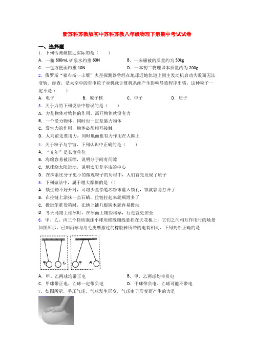 新苏科苏教版初中苏科苏教八年级物理下册期中考试试卷