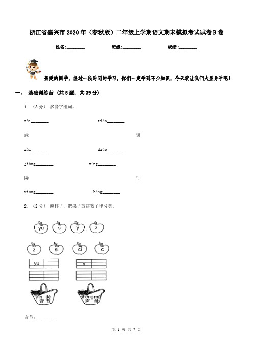 浙江省嘉兴市2020年(春秋版)二年级上学期语文期末模拟考试试卷B卷