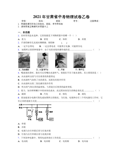 2021年甘肃省中考物理试卷乙卷附解析