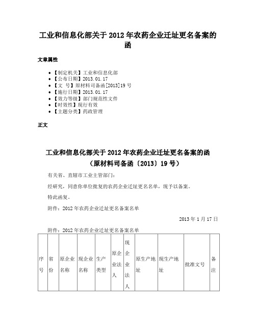 工业和信息化部关于2012年农药企业迁址更名备案的函