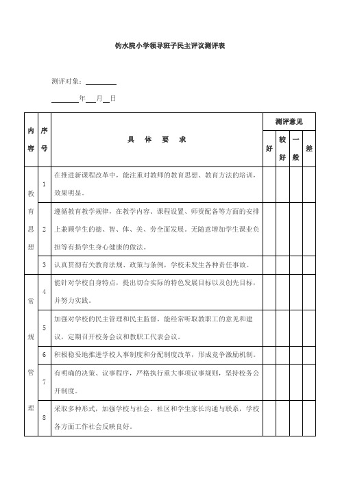 钓水院小学领导班子民主评议测评表