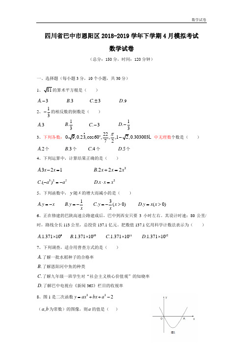 巴中市恩阳区2018-2019学年中考4月模拟考试数学试卷