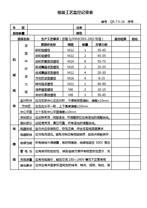 751 组装工艺监控记录表