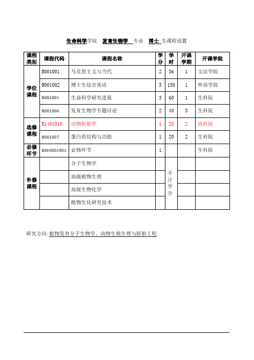 生命科学学院 发育生物学 专业 博士 生课程设置