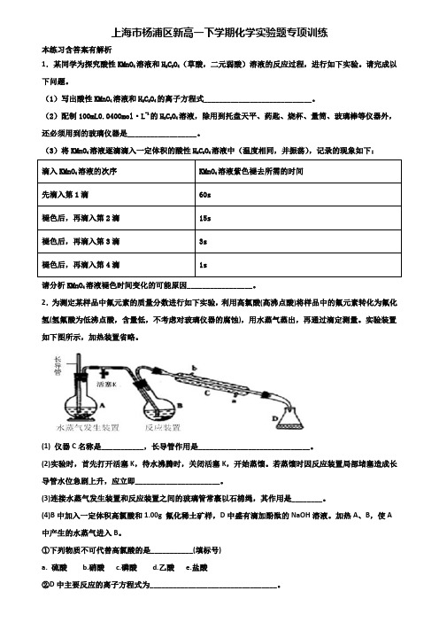 上海市杨浦区新高一下学期化学实验题专项训练含解析