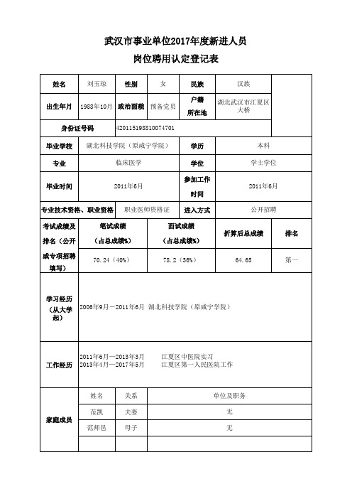 岗位聘用认定登记表