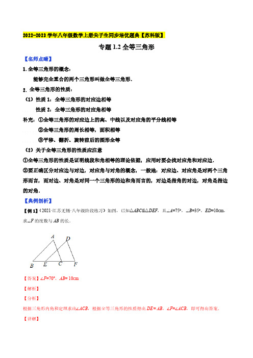 专题1.2全等三角形-2022-2023学年八年级数学上册尖子生同步培优题典(解析版)【苏科版】