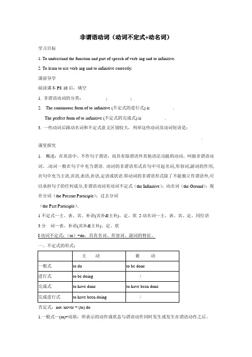 译林牛津版高中英语必修5Unit1非谓语动词、不定式与动名词(附答案)