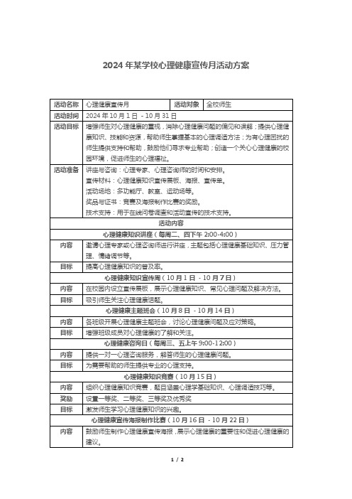 2024年某学校心理健康宣传月活动方案