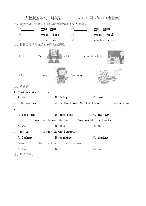 人教版五年级下册英语 Unit 6 Part A 同步练习(含答案)