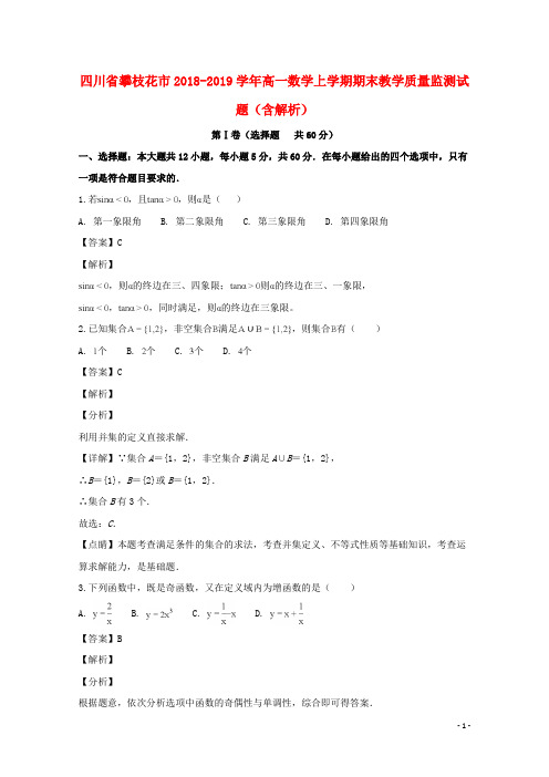 四川省攀枝花市2018_2019学年高一数学上学期期末教学质量监测试题(含解析)