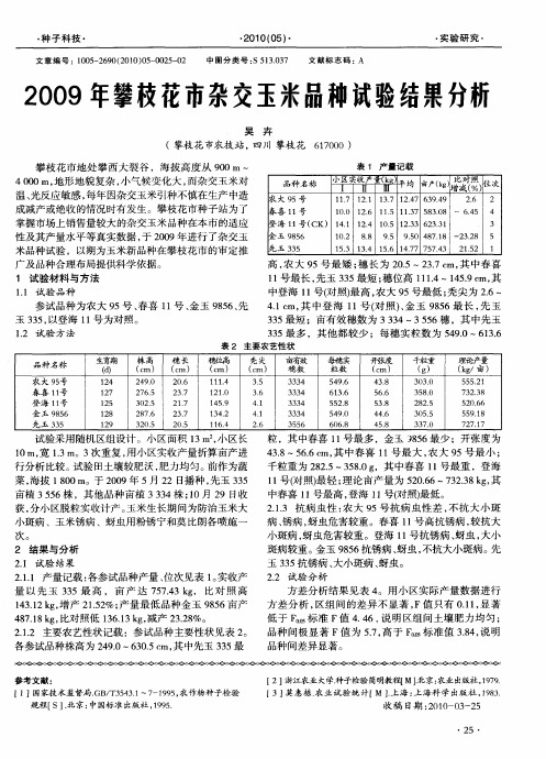 2009年攀枝花市杂交玉米品种试验结果分析